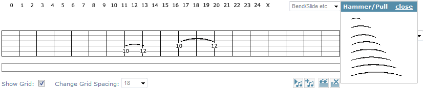 Tablature Grid Showing Various Length Hammer On / Pull Off Modifiers
